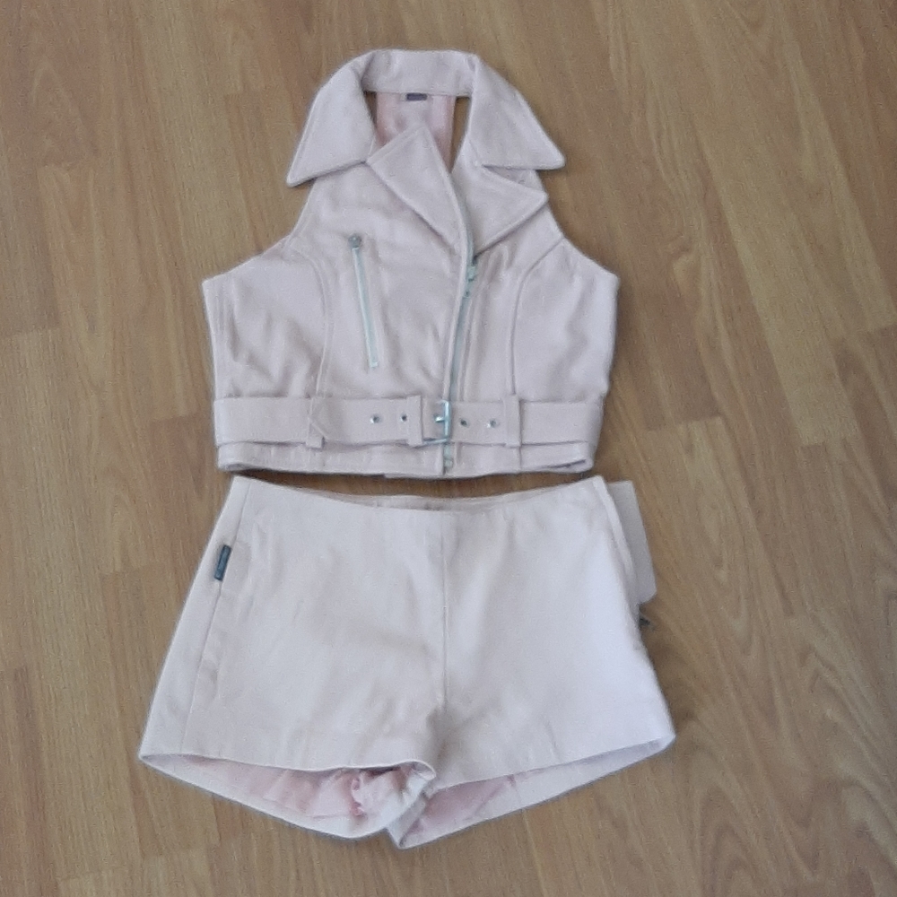 pink leather vest and shorts